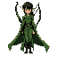 an elf archer girl. green robes, black hair.