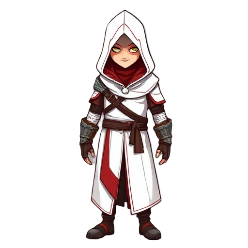 he wears stark white hooded robes with deep red accents, leather armor pieces strapped to his forearms and torso, and a distinctive beaked hood casting shadow over his face. a gleaming metal bracer ho