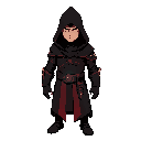 he wears stark black hooded robes with deep red accents, leather armor pieces strapped to his forearms and torso, and a distinctive beaked hood casting shadow over his face. a gleaming metal bracer ho