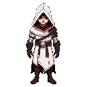 he wears stark white hooded robes with deep red accents, leather armor pieces strapped to his forearms and torso, and a distinctive beaked hood casting shadow over his face. a gleaming metal bracer ho