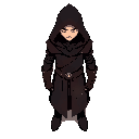 he wears stark black hooded robes with deep red accents, leather armor pieces strapped to his forearms and torso, and a distinctive beaked hood casting shadow over his face. a gleaming metal bracer ho