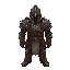 clad head-to-toe in battered, mud-splattered steel plate armor, a great helm obscuring his face save for the dark slits of his visor, he stands like a grim fortress.