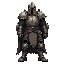 clad head-to-toe in battered, mud-splattered steel plate armor, a great helm obscuring his face save for the dark slits of his visor, he stands like a grim fortress.