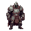 clad head-to-toe in battered, mud-splattered steel plate armor, a great helm obscuring his face save for the dark slits of his visor, he stands like a grim fortress.