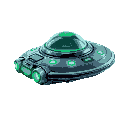 2d ufo spaceship, side view, metallic surface, glowing green and blue lights, futuristic cockpit dome, detailed shading