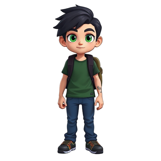 green eyes, black green shirt, black hair, blue pants with a backpack human