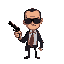 a thin, hitman-like mobster with a serious tone and a simple style