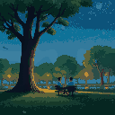 generate me a man sitting under a tree in a park under the night sky