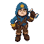 a miner with big gloves,and a low stature,yellow eyes in a blue hood,big boots and a hammer