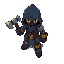 a tiny caracther,with a hammer,big gloves and a big boots,using a dark blue hood end yellow eyes (non face/dark face in a hood)