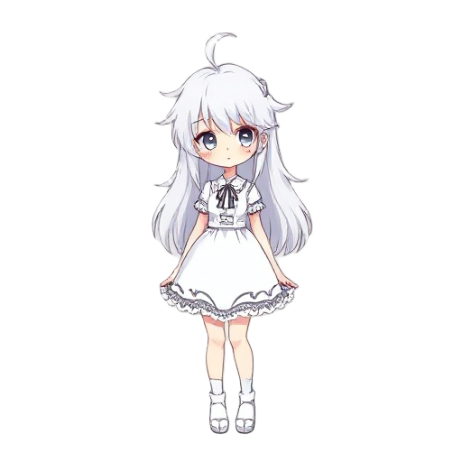 girl, white lolita dress, white hair, long hair, messy hair, gray eyes, white socks