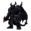 2d sprite character, dark fantasy style.   towering demon warrior in heavy armor, jagged low poly shapes adapted to 2d sprite.   colors: black, iron gray, faint red glow in cracks.   side view, cel shading, gritty outline, rpg sprite design.  