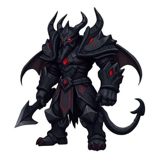 2d sprite character, dark fantasy style.   towering demon warrior in heavy armor, jagged low poly shapes adapted to 2d sprite.   colors: black, iron gray, faint red glow in cracks.   side view, cel shading, gritty outline, rpg sprite design.  