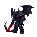 2d sprite character, dark fantasy style.   towering demon warrior in heavy armor, jagged low poly shapes adapted to 2d sprite.   colors: black, iron gray, faint red glow in cracks.   side view, cel shading, gritty outline, rpg sprite design.  