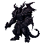 2d sprite character, dark fantasy style.   towering demon warrior in heavy armor, jagged low poly shapes adapted to 2d sprite.   colors: black, iron gray, faint red glow in cracks.   side view, cel shading, gritty outline, rpg sprite design.  