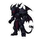 2d sprite character, dark fantasy style.   towering demon warrior in heavy armor, jagged low poly shapes adapted to 2d sprite.   colors: black, iron gray, faint red glow in cracks.   side view, cel shading, gritty outline, rpg sprite design.  