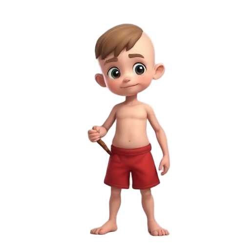 i want a hairless kid with red shorts, bare-chested, holding a stick