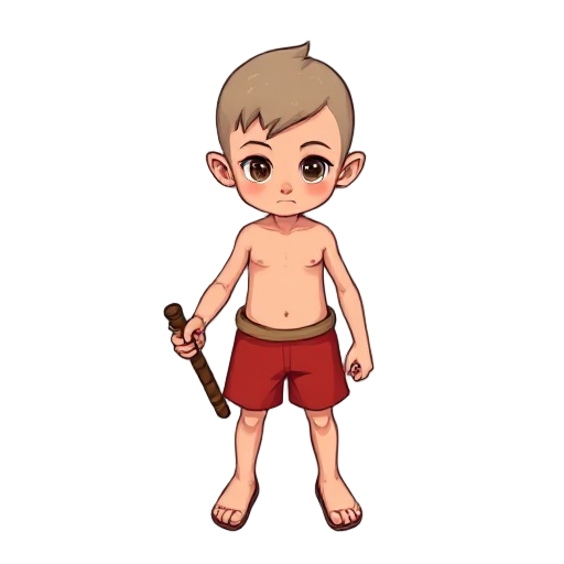 i want a hairless kid with red shorts, bare-chested, holding a stick