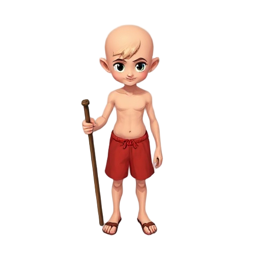 i want a hairless kid with red shorts, bare-chested, holding a stick
