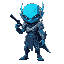 a blue alien in a futuristic armor with a katana show face