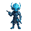 a blue alien in a futuristic armor with a katana show face