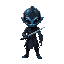 a dark blue alien in a futuristic black armor with a katana show face