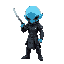 a blue alien in a futuristic black armor with a katana show face