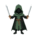 a figure with a black and light green cloak holding a sword in each hand