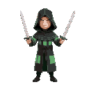 a figure with a black and light green striped cloak holding a sword in each hand
