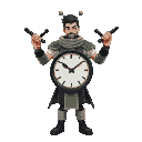 a man with a black clock with green strips with dual swords