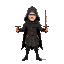 a man with a black cloak holding a sword in each hand