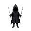 a figure with a black cloak holding a sword in each hand