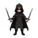 a figure with a black cloak holding a sword in each hand