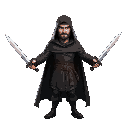 a man with a black cloak holding a sword in each hand