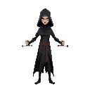 a slender figure with a black cloak holding a sword in each hand