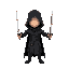 a figure with a black cloak holding a sword in each hand