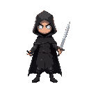 a figure with a black cloak holding a sword in each hand