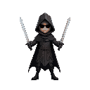 a figure with a black cloak holding a sword in each hand