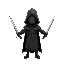 a figure with a black cloak holding a sword in each hand