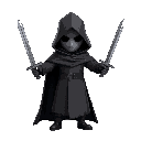 a figure with a black cloak holding a sword in each hand