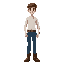 generate a character with blue jeans and a white shirt with brown square toed boots, brown hair, brown eyes, skinny, white male