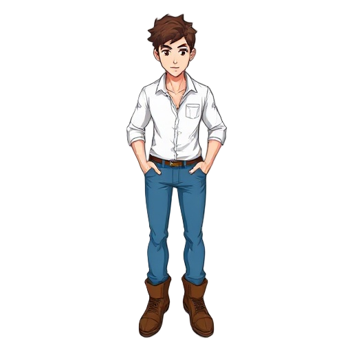 generate a character with blue jeans and a white shirt with brown square toed boots, brown hair, brown eyes, skinny, white male