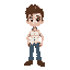 generate a small  pizel art character with blue jeans and a white shirt with brown square toed boots, brown hair, brown eyes, skinny, white male