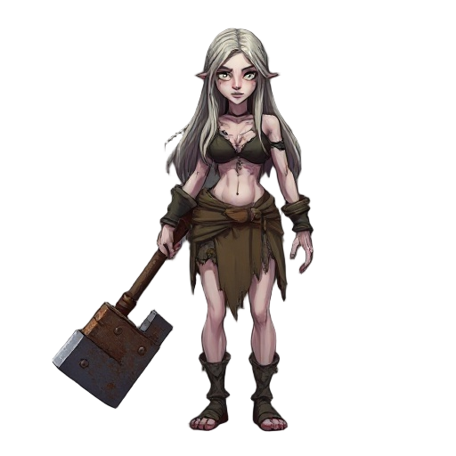a pale-skinned, long-haired woman with torn and ragged clothes, her body slightly hunched as she drags a large, rusted hammer with her right hand. her muscles and bones are subtly visible under her da