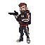 russian gopnik in three-striped sportswear with a pistol