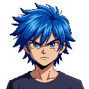 someone thst is confident. blue emo hair and angry face. snk style
