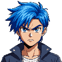 someone thst is confident. blue emo hair and angry face. snk style. kof style. street fighter style.