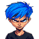 someone thst is confident. blue emo hair and angry face. snk style