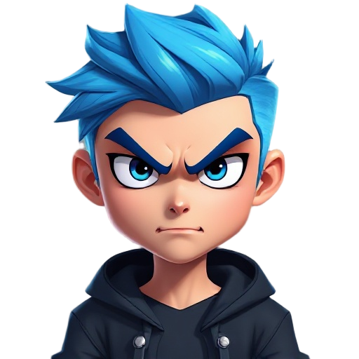 someone thst is confident. blue emo hair and angry face. 