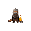 a knight resting in front of a campfire